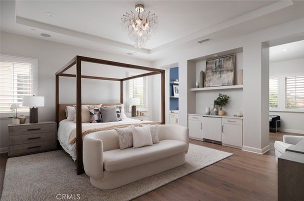 Bedroom, Chandelier, Interior, Recessed Lighting, Wood Texture Flooring