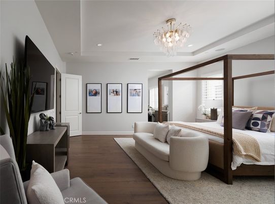 Bedroom, Chandelier, Interior, Recessed Lighting, Wood Texture Flooring