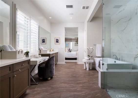 Bathroom, Bedroom, Interior, Marble Walls, Recessed Lighting, Wood Texture Flooring