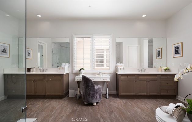 Bathroom, Dual Sink Vanities, Interior, Recessed Lighting, Wood Texture Flooring
