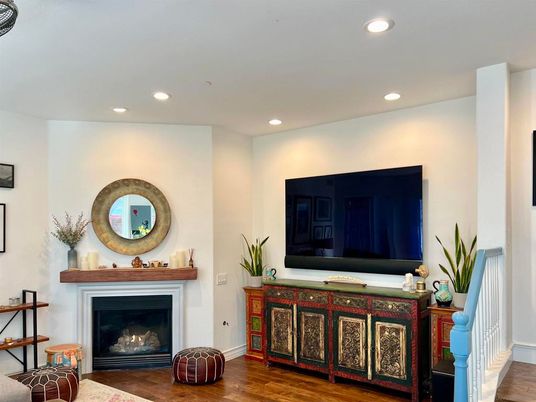 Fireplace, Interior, Recessed Lighting, Wood Texture Flooring