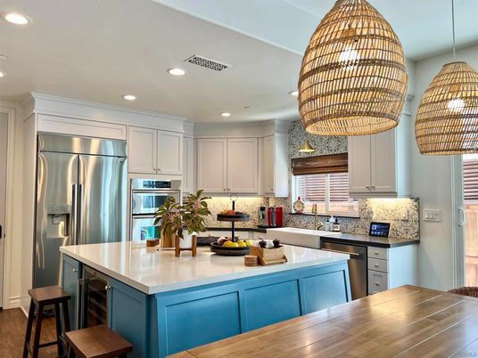 Interior, Kitchen, Pendant Lights, Recessed Lighting, Stainless Steel Appliances, Wood Texture Flooring