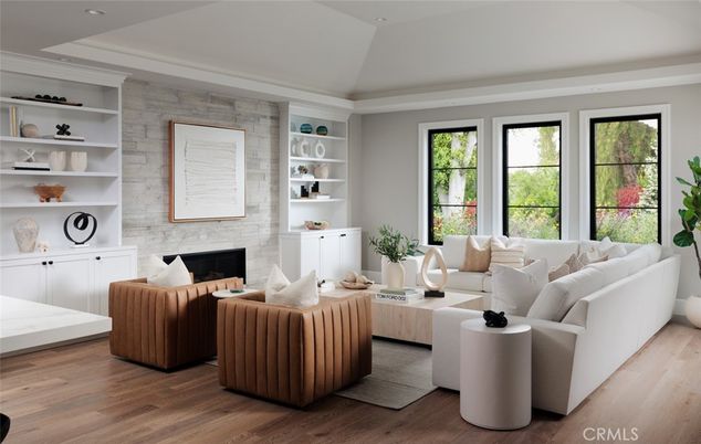Fireplace, Interior, Living room, Recessed Lighting, Stone Walls, Wood Texture Flooring