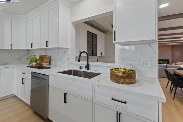 Interior, Kitchen, Marble Walls, Recessed Lighting, Wood Texture Flooring