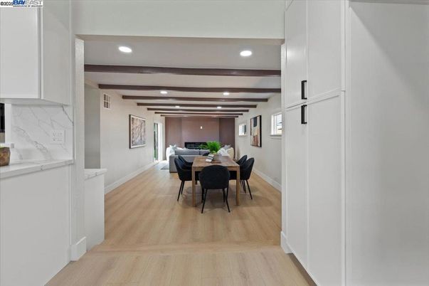 Dining room, Interior, Recessed Lighting, Wooden Beams, Wood Texture Flooring