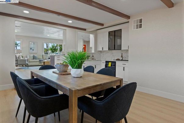 Dining room, Interior, Kitchen, Living room, Recessed Lighting, Wooden Beams, Wood Texture Flooring
