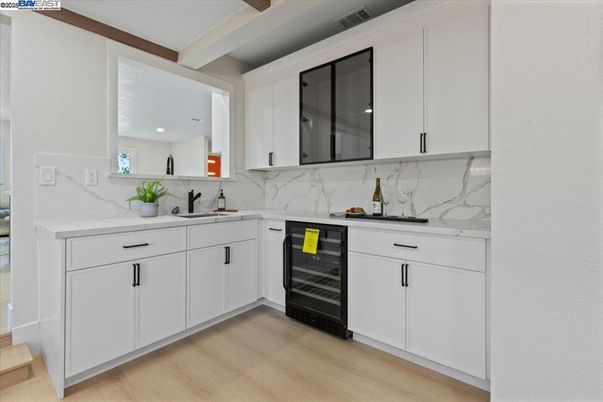 Interior, Kitchen, Marble Walls, Recessed Lighting, Wood Texture Flooring