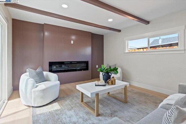 Fireplace, Interior, Living room, Recessed Lighting, Wooden Beams, Wood Texture Flooring