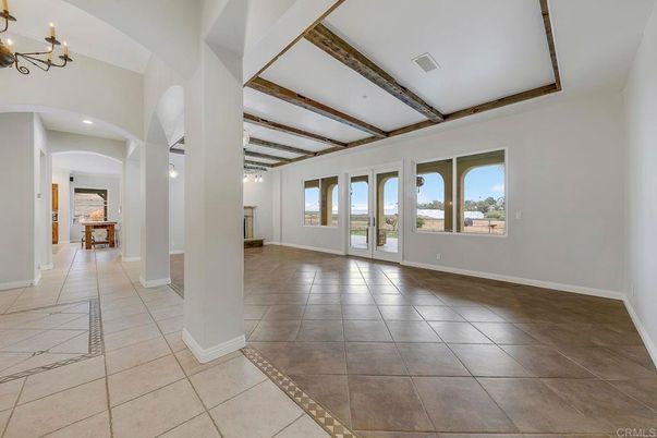 Chandelier, Empty room, Interior, Recessed Lighting, Wooden Beams