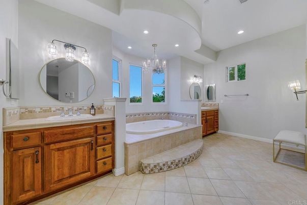 Bathroom, Chandelier, Dual Sink Vanities, Interior, Recessed Lighting
