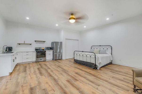Bedroom, Interior, Kitchen, Recessed Lighting, Stainless Steel Appliances, Wood Texture Flooring