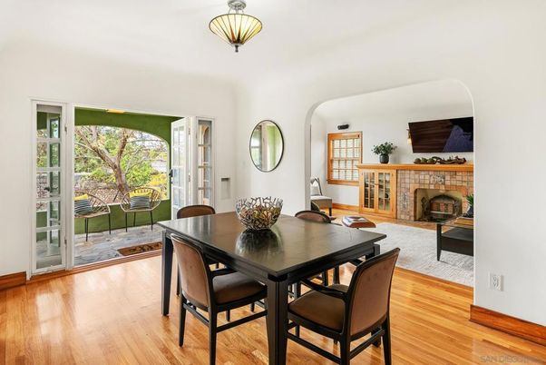 Dining room, Fireplace, Interior, Wood Texture Flooring
