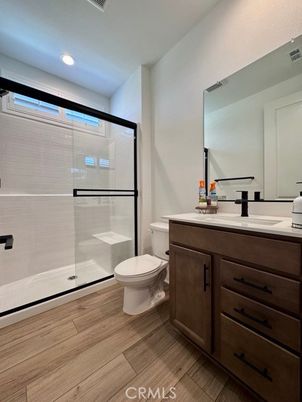 Bathroom, Glass Shower, Interior, Recessed Lighting, Wood Texture Flooring