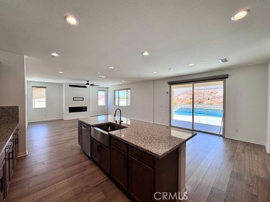Empty room, Interior, Kitchen, Recessed Lighting, Wood Texture Flooring