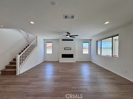 Empty room, Fireplace, Interior, Recessed Lighting, Wood Texture Flooring