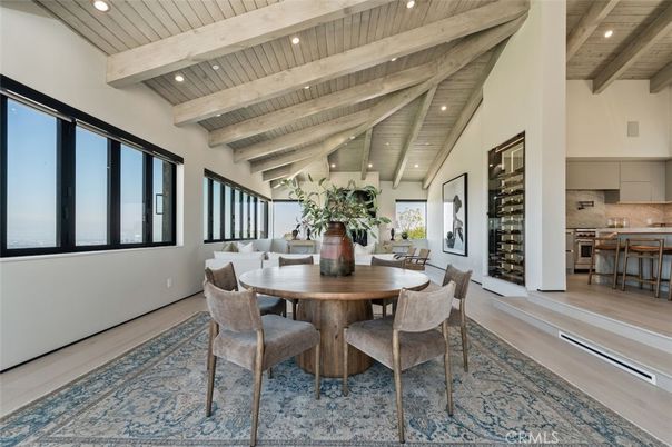 Dining room, Interior, Kitchen, Recessed Lighting, Stainless Steel Appliances, Wooden Beams, Wooden Ceilings, Wood Texture Flooring