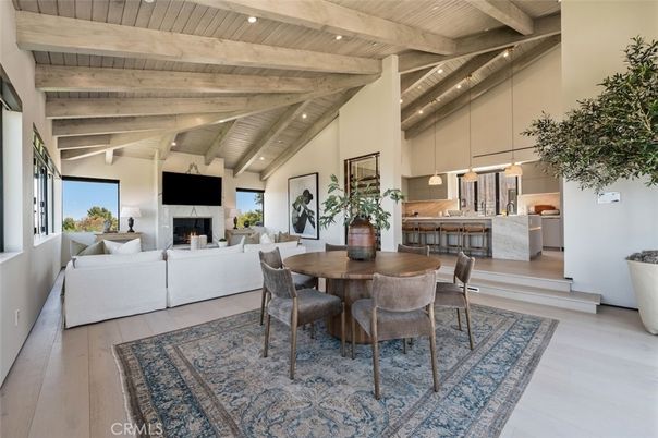 Dining room, Fireplace, Interior, Kitchen, Living room, Pendant Lights, Recessed Lighting, Wooden Beams, Wooden Ceilings, Wood Texture Flooring