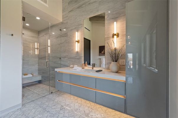 Bathroom, Dual Sink Vanities, Glass Shower, Interior, Marble Walls, Recessed Lighting