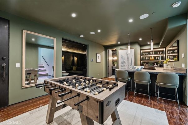 Dining room, Game Room, Interior, Pendant Lights, Recessed Lighting, Wood Texture Flooring