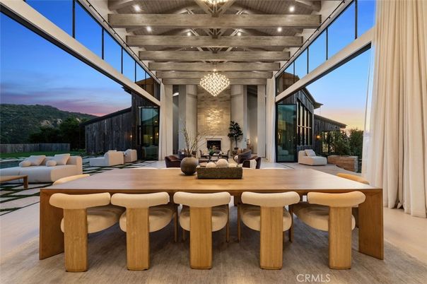 Chandelier, Dining room, Fireplace, Interior, Wooden Beams, Wooden Ceilings