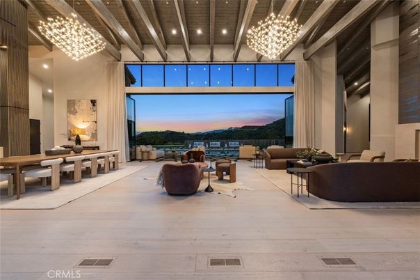 Dining room, Interior, Living room, Pendant Lights, Recessed Lighting, Wooden Ceilings, Wood Texture Flooring