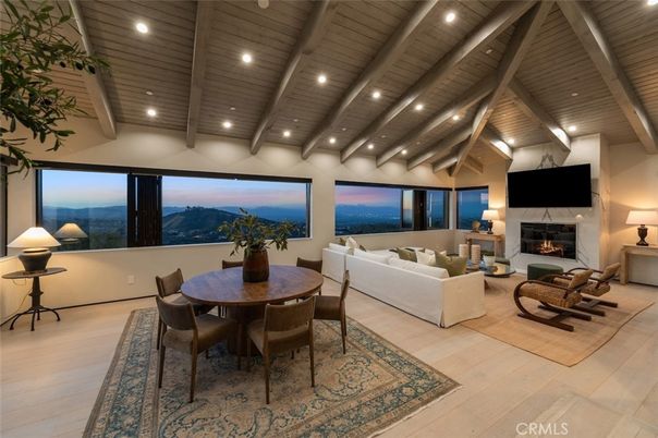 Dining room, Fireplace, Interior, Living room, Recessed Lighting, Wooden Beams, Wooden Ceilings, Wood Texture Flooring