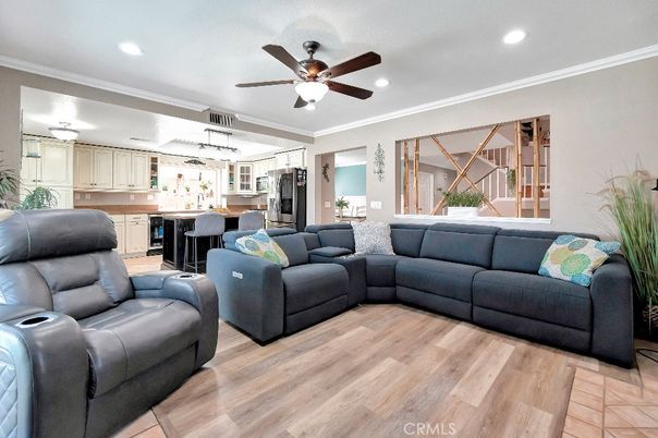Interior, Kitchen, Living room, Recessed Lighting, Stainless Steel Appliances, Wood Texture Flooring