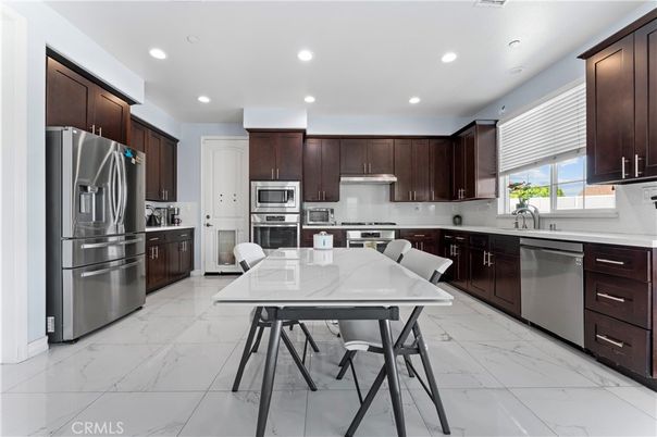 Interior, Kitchen, Marble, Recessed Lighting, Stainless Steel Appliances
