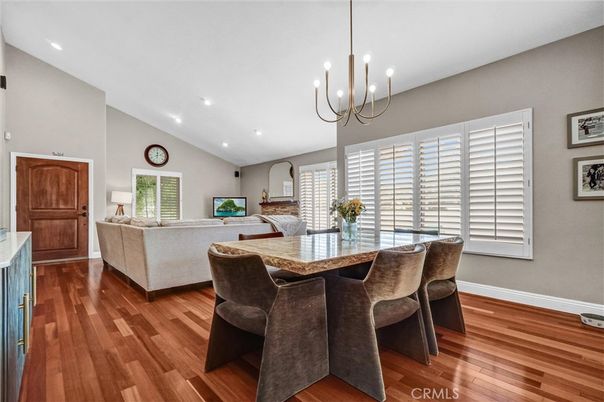 Chandelier, Dining room, Interior, Living room, Pendant Lights, Recessed Lighting, Wood Texture Flooring