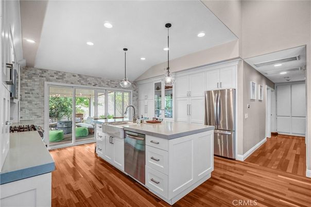 Interior, Kitchen, Pendant Lights, Recessed Lighting, Stainless Steel Appliances, Wood Texture Flooring