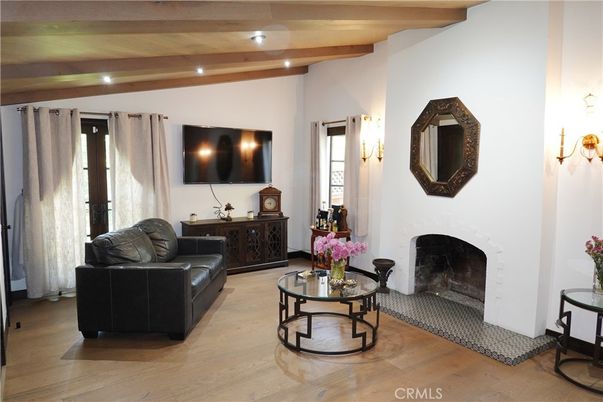 Fireplace, Interior, Recessed Lighting, Wooden Beams, Wood Texture Flooring