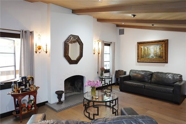 Fireplace, Interior, Living room, Recessed Lighting, Wooden Beams, Wood Texture Flooring
