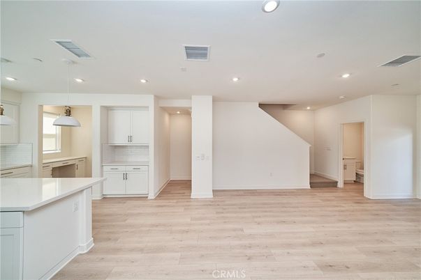 Empty room, Interior, Kitchen, Pendant Lights, Recessed Lighting, Wood Texture Flooring