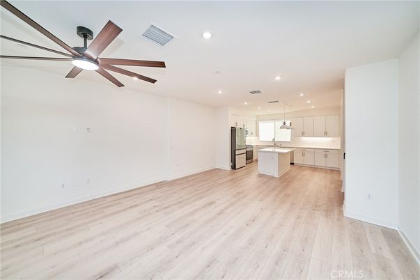 Empty room, Interior, Kitchen, Pendant Lights, Recessed Lighting, Wood Texture Flooring