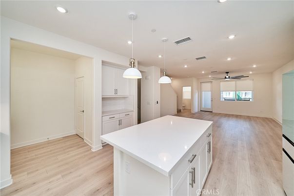 Empty room, Interior, Kitchen, Pendant Lights, Recessed Lighting, Wood Texture Flooring