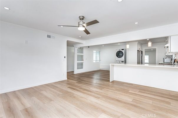 Empty room, Interior, Kitchen, Recessed Lighting, Wood Texture Flooring