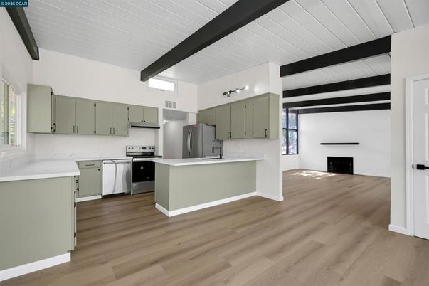 Interior, Kitchen, Stainless Steel Appliances, Wooden Beams, Wood Texture Flooring