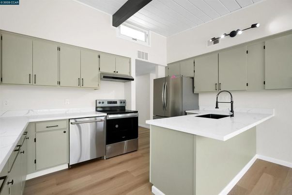 Interior, Kitchen, Stainless Steel Appliances, Wooden Beams, Wood Texture Flooring
