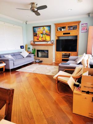 Fireplace, Interior, Living room, Recessed Lighting, Wood Texture Flooring