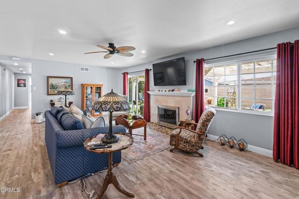 Fireplace, Interior, Living room, Recessed Lighting, Wood Texture Flooring