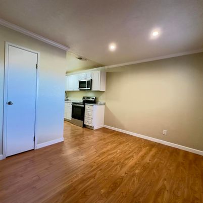 Empty room, Interior, Kitchen, Recessed Lighting, Stainless Steel Appliances, Wood Texture Flooring