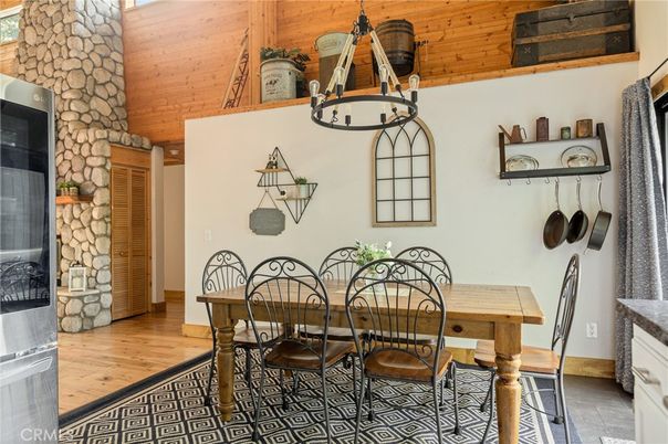 Dining room, Interior, Pendant Lights, Stone Walls, Wooden Ceilings, Wood Texture Flooring
