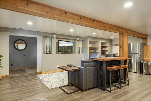 Interior, Kitchen, Living room, Recessed Lighting, Stainless Steel Appliances, Wooden Beams, Wood Texture Flooring