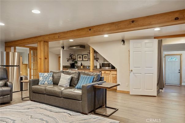 Interior, Kitchen, Living room, Recessed Lighting, Stainless Steel Appliances, Wooden Beams, Wood Texture Flooring