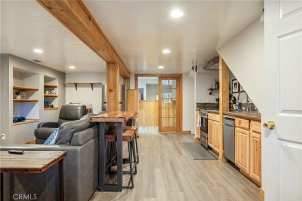 Interior, Kitchen, Living room, Recessed Lighting, Wooden Beams, Wood Texture Flooring