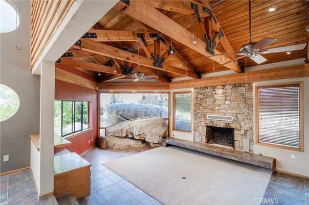 Fireplace, Interior, Recessed Lighting, Stone Walls, Wooden Beams, Wooden Ceilings