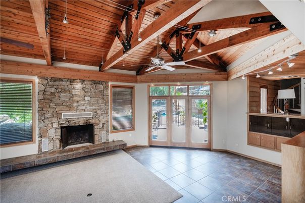 Empty room, Fireplace, Interior, Stone Walls, Wooden Beams, Wooden Ceilings