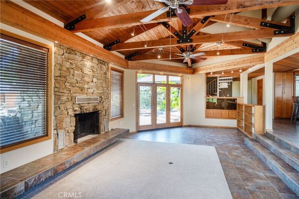 Empty room, Fireplace, Interior, Stone Walls, Wooden Beams, Wooden Ceilings