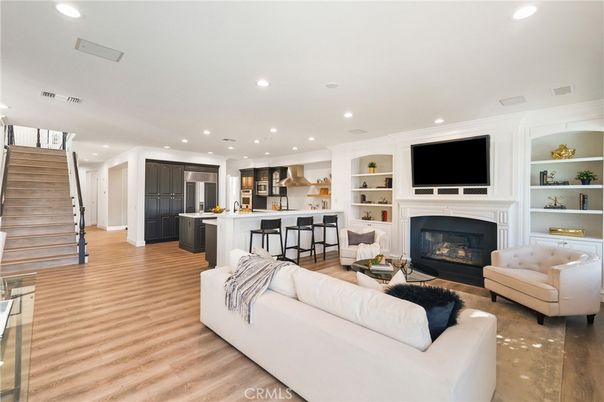 Fireplace, Interior, Kitchen, Living room, Recessed Lighting, Wood Texture Flooring
