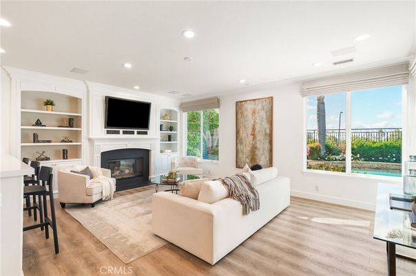 Fireplace, Interior, Living room, Recessed Lighting, Wood Texture Flooring